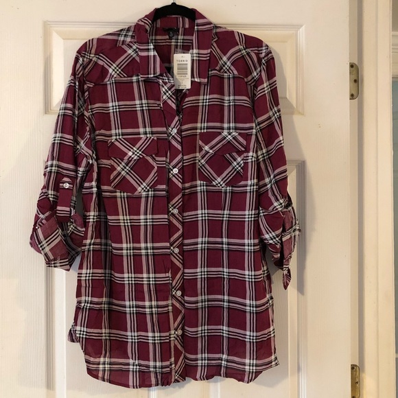 Torrid Challis Burgundy Plaid Button-Down Top, Sz 2X - Picture 5 of 6